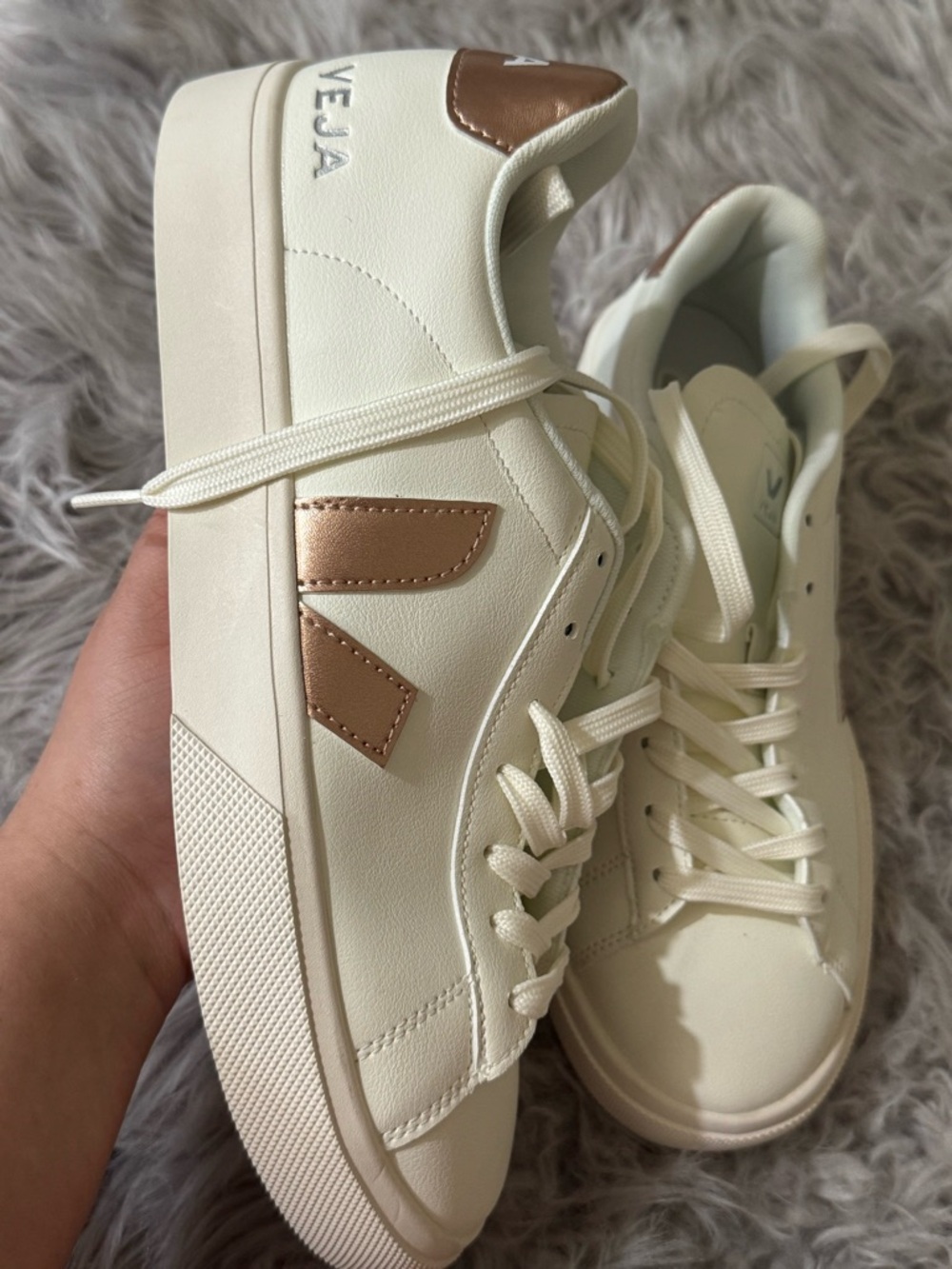 Veja Women’s Cream Sneakers with Rose Gold Accents